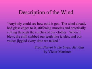 Description of the Wind “ Anybody could see how cold it got.  The wind already had glass edges to it, stiffening muscles and practically cutting through the stitches of our clothes.  When it blew, the chill stabbed our teeth like icicles, and our voices jiggled every time we talked.” From  Parrot in the Oven: Mi Vida by Victor Martinez 