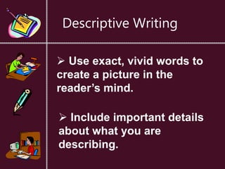 Descriptive Writing
 Use exact, vivid words to
create a picture in the
reader’s mind.
 Include important details
about what you are
describing.
 