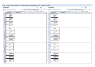 NIVEL INTERMEDIO/AVANZADO: EXPRESIÓN ORAL – MONÓLOGO: HOJA DE CALIFICACIÓN
Candidato:_________________________________________ T: __ Gr:_______
Fecha: _______________ Ha desarrollado la tarea propuesta: Sí □ No □
Tema: _____________________________ Puntuación Monólogo: ______
Candidato:_________________________________________ T: __ Gr:_______
Fecha: _______________ Ha desarrollado la tarea propuesta: Sí □ No □
Tema: _____________________________ Puntuación Monólogo: ______
Descriptores Anotaciones
ADEC/COHES(3)_____
Desarrollo
Riqueza
Ideas
Desarrollo
Riqueza
Ideas
Desarrollo
Riqueza
Ideas
FLUIDEZ/PRON(3)_____
Ritmo
Pronunciación
Estrategias
Ritmo
Pronunciación
Estrategias
Ritmo
Pronunciación
Estrategias
CORRECCIÓN(2)_____
Estructuras
Léxico
Estructuras
Léxico
Estructuras
Léxico
RIQUEZA(2)_____
Estructuras
Léxico
Estructuras
Léxico
Estructuras
Léxico
Descriptores Anotaciones
ADEC/COHES(3)_____
Desarrollo
Riqueza
Ideas
Desarrollo
Riqueza
Ideas
Desarrollo
Riqueza
Ideas
FLUIDEZ/PRON(3)_____
Ritmo
Pronunciación
Estrategias
Ritmo
Pronunciación
Estrategias
Ritmo
Pronunciación
Estrategias
CORRECCIÓN(2)_____
Estructuras
Léxico
Estructuras
Léxico
Estructuras
Léxico
RIQUEZA(2)_____
Estructuras
Léxico
Estructuras
Léxico
Estructuras
Léxico
 