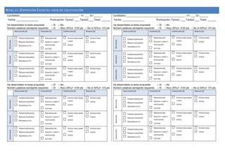 NIVEL C1 (EXPRESIÓN ESCRITA): HOJA DE CALIFICACIÓN
Candidato:________________________________________ - Tr: ___ Gr:______
Fecha: _______________ Puntuación: Tarea1: ___ Tarea2:___ Total: ______
Candidato:________________________________________ - Tr: ___ Gr:______
Fecha: _______________ Puntuación: Tarea1: ___ Tarea2:___ Total: ______
Ha desarrollado la tarea propuesta: □ Sí □ No
Número palabras semejante requerido: □ Sí □ No(± 25%)= -0’25 pts □ No (≥ 50%)= -0’5 pts
Ha desarrollado la tarea propuesta: □ Sí □ No
Número palabras semejante requerido: □ Sí □ No(± 25%)= -0’25 pts □ No (≥ 50%)= -0’5 pts
ADECUACIÓN (3) COHESIÓN (3) CORRECCIÓN (2) RIQUEZA (2)
DESTACADO
 FORMATO/REGISTRO
 RIQUEZA IDEAS/INFO
 DESARROLLO PTS
 ORGANIZACIÓN
 ENLACES Y CONCT Y
PUNTUACIÓN
 LECTURA
 ESTRUCTURAS GRAM
Y SINTC
 LÉXICO
 ESTRUCTURAS
 LÉXICO
ADECUADO
 FORMATO/REGISTRO
 RIQUEZA IDEAS/INFO
 DESARROLLO PTS
 ORGANIZACIÓN
 ENLACES Y CONCT Y
PUNTUACIÓN
 LECTURA
 ESTRUCTURAS GRAM
Y SINTC
 LÉXICO
 ESTRUCTURAS
 LÉXICO
INADECUADO
 FORMATO/REGISTRO
 RIQUEZA IDEAS/INFO
 DESARROLLO PTS
 ORGANIZACIÓN
 ENLACES Y CONCT Y
PUNTUACIÓN
 LECTURA
 ESTRUCTURAS GRAM
Y SINTC
 LÉXICO
 ESTRUCTURAS
 LÉXICO
ADECUACIÓN (3) COHESIÓN (3) CORRECCIÓN (2) RIQUEZA (2)
DESTACADO
 FORMATO/REGISTRO
 RIQUEZA IDEAS/INFO
 DESARROLLO PTS
 ORGANIZACIÓN
 ENLACES Y CONCT Y
PUNTUACIÓN
 LECTURA
 ESTRUCTURAS GRAM
Y SINTC
 LÉXICO
 ESTRUCTURAS
 LÉXICO
ADECUADO
 FORMATO/REGISTRO
 RIQUEZA IDEAS/INFO
 DESARROLLO PTS
 ORGANIZACIÓN
 ENLACES Y CONCT Y
PUNTUACIÓN
 LECTURA
 ESTRUCTURAS GRAM
Y SINTC
 LÉXICO
 ESTRUCTURAS
 LÉXICO
INADECUADO
 FORMATO/REGISTRO
 RIQUEZA IDEAS/INFO
 DESARROLLO PTS
 ORGANIZACIÓN
 ENLACES Y CONCT Y
PUNTUACIÓN
 LECTURA
 ESTRUCTURAS GRAM
Y SINTC
 LÉXICO
 ESTRUCTURAS
 LÉXICO
Ha desarrollado la tarea propuesta: □ Sí □ No
Número palabras semejante requerido: □ Sí □ No(± 25%)= -0’25 pts □ No (≥ 50%)= -0’5 pts
Ha desarrollado la tarea propuesta: □ Sí □ No
Número palabras semejante requerido: □ Sí □ No(± 25%)= -0’25 pts □ No (≥ 50%)= -0’5 pts
ADECUACIÓN (3) COHESIÓN (3) CORRECCIÓN (2) RIQUEZA (2)
DESTACADO
 FORMATO/REGISTRO
 RIQUEZA IDEAS/INFO
 DESARROLLO PTS
 ORGANIZACIÓN
 ENLACES Y CONCT Y
PUNTUACIÓN
 LECTURA
 ESTRUCTURAS GRAM
Y SINTC
 LÉXICO
 ESTRUCTURAS
 LÉXICO
ADECUADO
 FORMATO/REGISTRO
 RIQUEZA IDEAS/INFO
 DESARROLLO PTS
 ORGANIZACIÓN
 ENLACES Y CONCT Y
PUNTUACIÓN
 LECTURA
 ESTRUCTURAS GRAM
Y SINTC
 LÉXICO
 ESTRUCTURAS
 LÉXICO
INADECUADO
 FORMATO/REGISTRO
 RIQUEZA IDEAS/INFO
 DESARROLLO PTS
 ORGANIZACIÓN
 ENLACES Y CONCT Y
PUNTUACIÓN
 LECTURA
 ESTRUCTURAS GRAM
Y SINTC
 LÉXICO
 ESTRUCTURAS
 LÉXICO
ADECUACIÓN (3) COHESIÓN (3) CORRECCIÓN (2) RIQUEZA (2)
DESTACADO
 FORMATO/REGISTRO
 RIQUEZA IDEAS/INFO
 DESARROLLO PTS
 ORGANIZACIÓN
 ENLACES Y CONCT Y
PUNTUACIÓN
 LECTURA
 ESTRUCTURAS GRAM
Y SINTC
 LÉXICO
 ESTRUCTURAS
 LÉXICO
ADECUADO
 FORMATO/REGISTRO
 RIQUEZA IDEAS/INFO
 DESARROLLO PTS
 ORGANIZACIÓN
 ENLACES Y CONCT Y
PUNTUACIÓN
 LECTURA
 ESTRUCTURAS GRAM
Y SINTC
 LÉXICO
 ESTRUCTURAS
 LÉXICO
INADECUADO
 FORMATO/REGISTRO
 RIQUEZA IDEAS/INFO
 DESARROLLO PTS
 ORGANIZACIÓN
 ENLACES Y CONCT Y
PUNTUACIÓN
 LECTURA
 ESTRUCTURAS GRAM
Y SINTC
 LÉXICO
 ESTRUCTURAS
 LÉXICO
 