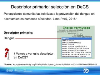 Descriptor primario: selección en DeCS
Percepciones comunitarias relativas a la prevención del dengue en
asentamientos hum...