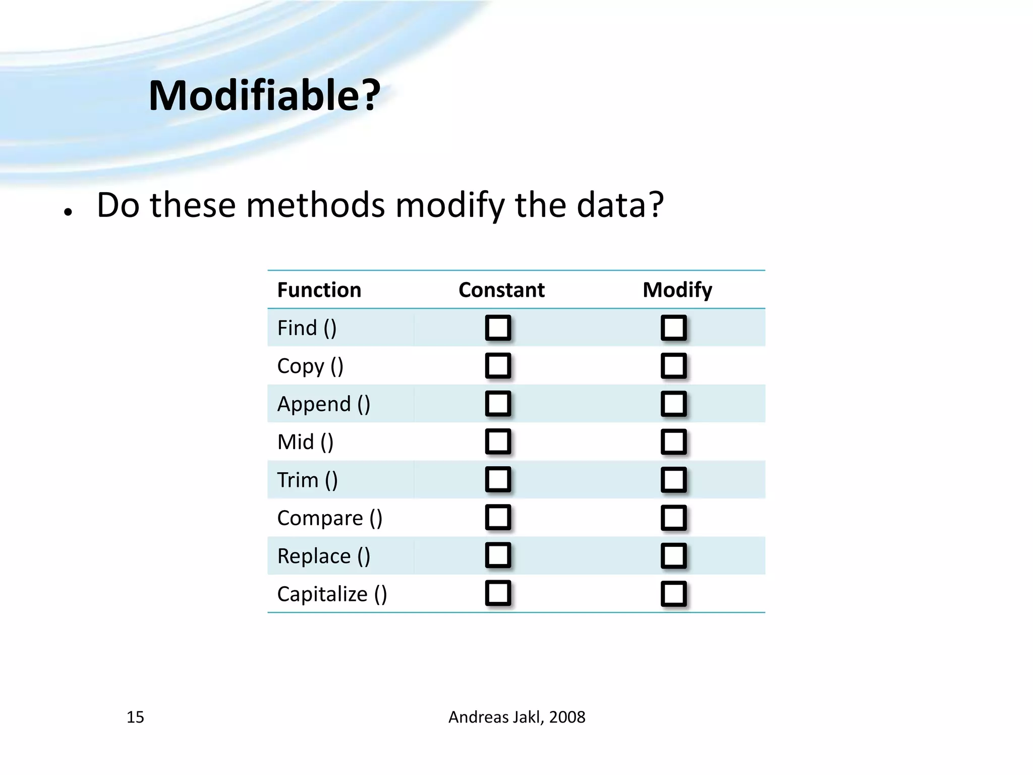 Modifiable?Do these methods modify the data?Andreas Jakl, 200815