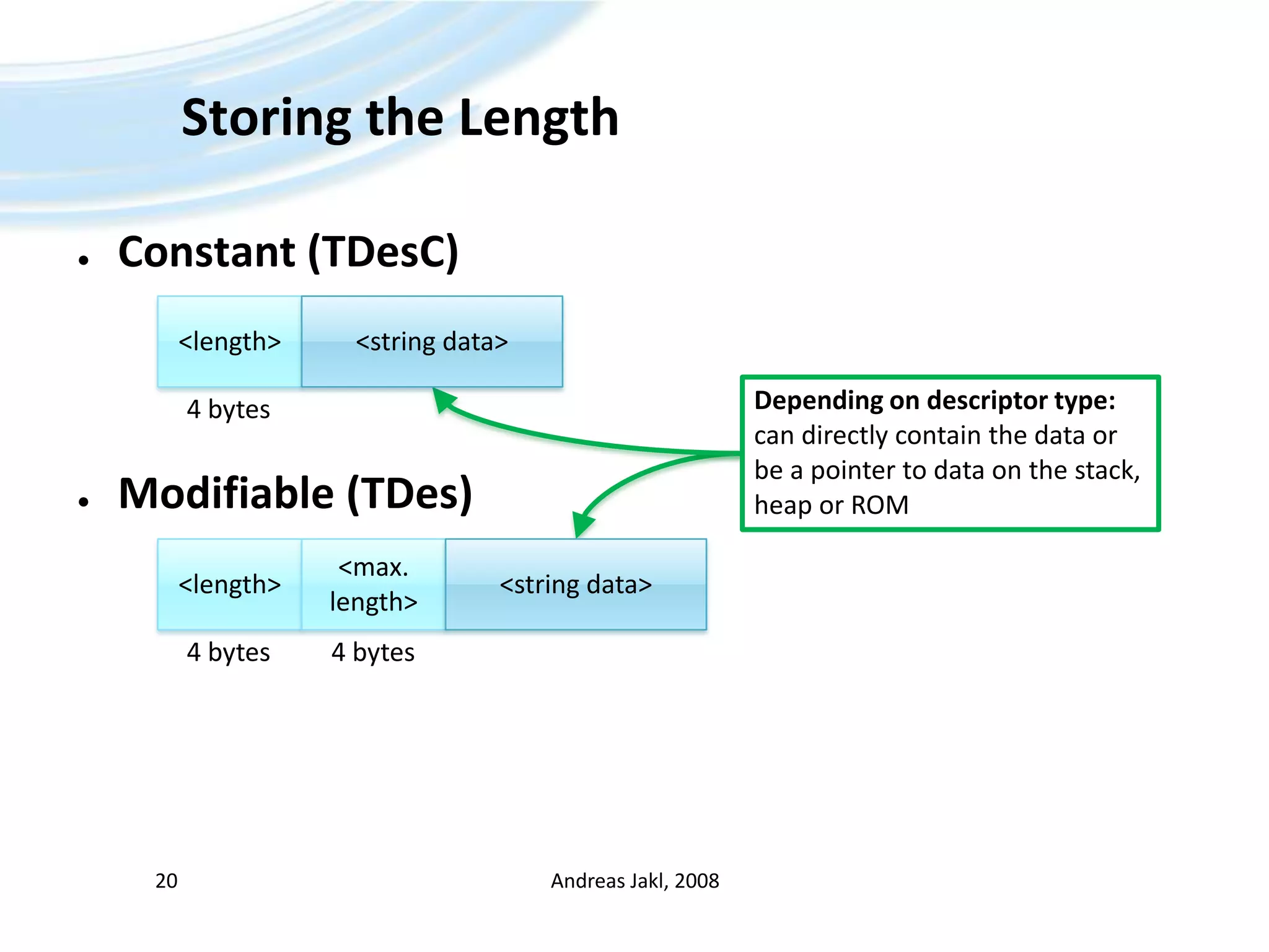 Storing the LengthConstant (TDesC)Modifiable (TDes)Andreas Jakl, 200820&lt;length&gt;&lt;string data&gt;Depending on descriptor type:can directly contain the data or be a pointer to data on the stack,heap or ROM4 bytes&lt;length&gt;&lt;max.length&gt;&lt;string data&gt;4 bytes4 bytes