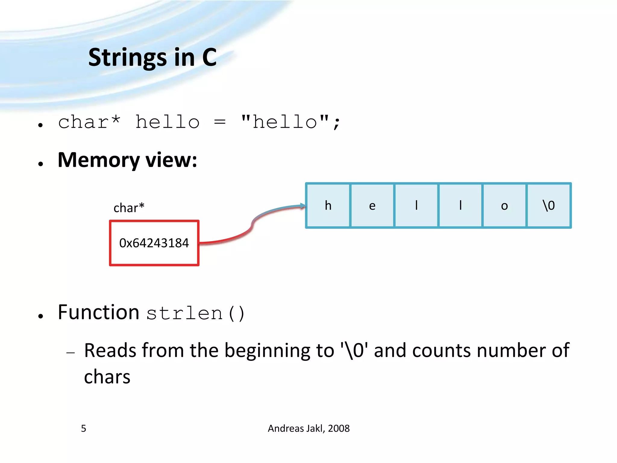 Andreas Jakl, 20085hello\0Strings in Cchar* hello = &quot;hello&quot;;Memory view:Function strlen()Reads from the beginning to &apos;\0&apos; and counts number of charschar*0x64243184