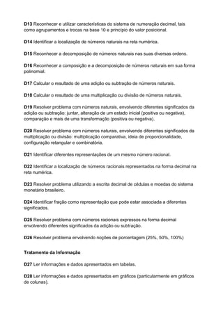 D13 Reconhecer e utilizar características do sistema de numeração decimal, tais 
como agrupamentos e trocas na base 10 e princípio do valor posicional. 
D14 Identificar a localização de números naturais na reta numérica. 
D15 Reconhecer a decomposição de números naturais nas suas diversas ordens. 
D16 Reconhecer a composição e a decomposição de números naturais em sua forma 
polinomial. 
D17 Calcular o resultado de uma adição ou subtração de números naturais. 
D18 Calcular o resultado de uma multiplicação ou divisão de números naturais. 
D19 Resolver problema com números naturais, envolvendo diferentes significados da 
adição ou subtração: juntar, alteração de um estado inicial (positiva ou negativa), 
comparação e mais de uma transformação (positiva ou negativa). 
D20 Resolver problema com números naturais, envolvendo diferentes significados da 
multiplicação ou divisão: multiplicação comparativa, ideia de proporcionalidade, 
configuração retangular e combinatória. 
D21 Identificar diferentes representações de um mesmo número racional. 
D22 Identificar a localização de números racionais representados na forma decimal na 
reta numérica. 
D23 Resolver problema utilizando a escrita decimal de cédulas e moedas do sistema 
monetário brasileiro. 
D24 Identificar fração como representação que pode estar associada a diferentes 
significados. 
D25 Resolver problema com números racionais expressos na forma decimal 
envolvendo diferentes significados da adição ou subtração. 
D26 Resolver problema envolvendo noções de porcentagem (25%, 50%, 100%) 
Tratamento da Informação 
D27 Ler informações e dados apresentados em tabelas. 
D28 Ler informações e dados apresentados em gráficos (particularmente em gráficos 
de colunas). 
