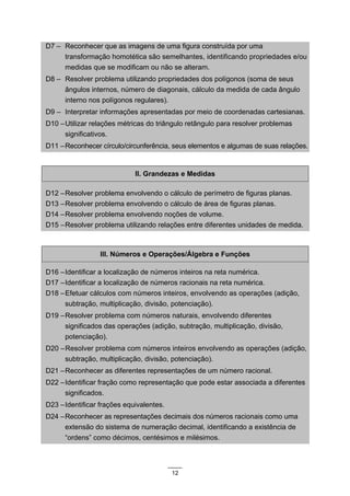 D7 – Reconhecer que as imagens de uma figura construída por uma
     transformação homotética são semelhantes, identificando propriedades e/ou
     medidas que se modificam ou não se alteram.
D8 – Resolver problema utilizando propriedades dos polígonos (soma de seus
     ângulos internos, número de diagonais, cálculo da medida de cada ângulo
     interno nos polígonos regulares).
D9 – Interpretar informações apresentadas por meio de coordenadas cartesianas.
D10 – Utilizar relações métricas do triângulo retângulo para resolver problemas
      significativos.
D11 – Reconhecer círculo/circunferência, seus elementos e algumas de suas relações.


                             II. Grandezas e Medidas

D12 – Resolver problema envolvendo o cálculo de perímetro de figuras planas.
D13 – Resolver problema envolvendo o cálculo de área de figuras planas.
D14 – Resolver problema envolvendo noções de volume.
D15 – Resolver problema utilizando relações entre diferentes unidades de medida.



                 III. Números e Operações/Álgebra e Funções

D16 – Identificar a localização de números inteiros na reta numérica.
D17 – Identificar a localização de números racionais na reta numérica.
D18 – Efetuar cálculos com números inteiros, envolvendo as operações (adição,
      subtração, multiplicação, divisão, potenciação).
D19 – Resolver problema com números naturais, envolvendo diferentes
      significados das operações (adição, subtração, multiplicação, divisão,
      potenciação).
D20 – Resolver problema com números inteiros envolvendo as operações (adição,
      subtração, multiplicação, divisão, potenciação).
D21 – Reconhecer as diferentes representações de um número racional.
D22 – Identificar fração como representação que pode estar associada a diferentes
      significados.
D23 – Identificar frações equivalentes.
D24 – Reconhecer as representações decimais dos números racionais como uma
      extensão do sistema de numeração decimal, identificando a existência de
      “ordens” como décimos, centésimos e milésimos.



                                          12
 