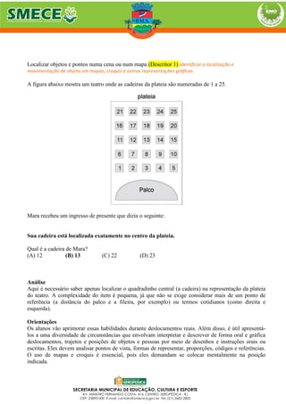 Localizar objetos e pontos numa cena ou num mapa (Descritor 1) Identificar a localização e
movimentação de objeto em mapas, croquis e outras representações gráficas
A figura abaixo mostra um teatro onde as cadeiras da plateia são numeradas de 1 a 25.
Mara recebeu um ingresso de presente que dizia o seguinte:
Sua cadeira está localizada exatamente no centro da plateia.
Qual é a cadeira de Mara?
(A) 12 (B) 13 (C) 22 (D) 23
Análise
Aqui é necessário saber apenas localizar o quadradinho central (a cadeira) na representação da plateia
do teatro. A complexidade do item é pequena, já que não se exige considerar mais de um ponto de
referência (a distância do palco e a fileira, por exemplo) ou termos cotidianos (como direita e
esquerda).
Orientações
Os alunos vão aprimorar essas habilidades durante deslocamentos reais. Além disso, é útil apresentá-
los a uma diversidade de circunstâncias que envolvam interpretar e descrever de forma oral e gráfica
deslocamentos, trajetos e posições de objetos e pessoas por meio de desenhos e instruções orais ou
escritas. Eles devem analisar pontos de vista, formas de representar, proporções, códigos e referências.
O uso de mapas e croquis é essencial, pois eles demandam se colocar mentalmente na posição
indicada.
 