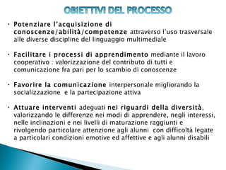 • Potenziare l’acquisizione di
  conoscenze/abilità/competenze attraverso l’uso trasversale
  alle diverse discipline del linguaggio multimediale

• Facilitare i processi di apprendimento mediante il lavoro
  cooperativo : valorizzazione del contributo di tutti e
  comunicazione fra pari per lo scambio di conoscenze

• Favorire la comunicazione interpersonale migliorando la
  socializzazione e la partecipazione attiva

• Attuare interventi adeguati nei riguardi della diversità,
  valorizzando le differenze nei modi di apprendere, negli interessi,
  nelle inclinazioni e nei livelli di maturazione raggiunti e
  rivolgendo particolare attenzione agli alunni con difficoltà legate
  a particolari condizioni emotive ed affettive e agli alunni disabili
 
