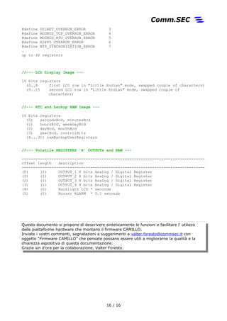 #define TELNET_OVERRUN_ERROR 3
#define MODBUS_TCP_OVERRUN_ERROR 4
#define MODBUS_RTU_OVERRUN_ERROR 5
#define RS485_OVERRUN_ERROR 6
#define NTP_SYNCRONIZATION_ERROR 7
…
up to 32 registers
//--- LCD Display Image ---
*Non presente su CHAMELEON 2
16 bits registers
(0..8 first LCD row in "Little Endian" mode, swapped couple of characters)
(9..15 second LCD row in "Little Endian" mode, swapped couple of
characters)
//--- RTC and backup RAM Image ---
*Non presente su CHAMELEON 2
16 bits registers
(0) secondsBcd, minutesBcd
(1) hoursBcd, weekdayBcd
(2) dayBcd, monthBcd
(3) yearBcd, controlBits
(4...31) ramBackupUserRegisters
//--- Volatile REGISTERS 'H' OUTPUTs and RAM ---
--------------------------------------------------------------------------------
offset length description
--------------------------------------------------------------------------------
*Su CHAMELEON 1
(0) (1) OUTPUT_1 8 bits PWM Register
(1) (1) OUTPUT_2 8 bits PWM Register
(2) (1) OUTPUT_3 8 bits PWM Register
(3) (1) OUTPUT_4 8 bits PWM Register
(4) (1) Backligth LCD * seconds
(5) (1) Buzzer ALARM * 0.1 seconds
*Su CHAMELEON 2
(0) (1) OUTPUT_1 8 bits PWM Register
(1) (1) OUTPUT_2 8 bits PWM Register
(2) (1) OUTPUT_3 8 bits PWM Register
(3) (1) OUTPUT_4 8 bits PWM Register
(4) (1) OUTPUT_5 8 bits PWM Register
(5) (1) OUTPUT_6 8 bits PWM Register
(6) (1) OUTPUT_7 1 bits Digital Register State (Read Only)
(7) (1) OUTPUT_8 1 bits Digital Register State (Read Only)
(8) (1) OUTPUT_78 Digital Register Command (Read/Write)
bit 8 = OUTPUT_7 Command (0=Off, 1=On)
bit 9 = OUTPUT_8 Command (0=Off, 1=On)
… i bits sono numerati da 0 (lsb) a 15 (msb)
(9) (1) ANALOG_OUTPUT_3 8 bits Analog I/O 3
(10) (1) ANALOG_OUTPUT_4 8 bits Analog I/O 4
16 / 17
 