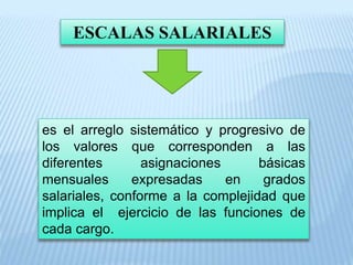 ESCALAS SALARIALES
es el arreglo sistemático y progresivo de
los valores que corresponden a las
diferentes asignaciones básicas
mensuales expresadas en grados
salariales, conforme a la complejidad que
implica el ejercicio de las funciones de
cada cargo.
 