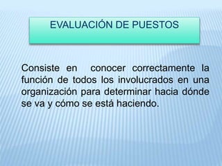 EVALUACIÓN DE PUESTOS
Consiste en conocer correctamente la
función de todos los involucrados en una
organización para determinar hacia dónde
se va y cómo se está haciendo.
 