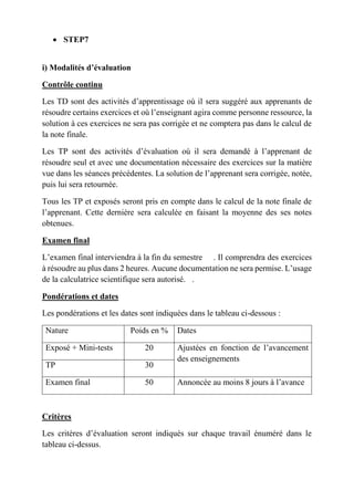  STEP7
i) Modalités d’évaluation
Contrôle continu
Les TD sont des activités d’apprentissage où il sera suggéré aux apprenants de
résoudre certains exercices et où l’enseignant agira comme personne ressource, la
solution à ces exercices ne sera pas corrigée et ne comptera pas dans le calcul de
la note finale.
Les TP sont des activités d’évaluation où il sera demandé à l’apprenant de
résoudre seul et avec une documentation nécessaire des exercices sur la matière
vue dans les séances précédentes. La solution de l’apprenant sera corrigée, notée,
puis lui sera retournée.
Tous les TP et exposés seront pris en compte dans le calcul de la note finale de
l’apprenant. Cette dernière sera calculée en faisant la moyenne des ses notes
obtenues.
Examen final
L’examen final interviendra à la fin du semestre . Il comprendra des exercices
à résoudre au plus dans 2 heures. Aucune documentation ne sera permise. L’usage
de la calculatrice scientifique sera autorisé. .
Pondérations et dates
Les pondérations et les dates sont indiquées dans le tableau ci-dessous :
Nature Poids en % Dates
Exposé + Mini-tests 20 Ajustées en fonction de l’avancement
des enseignements
TP 30
Examen final 50 Annoncée au moins 8 jours à l’avance
Critères
Les critères d’évaluation seront indiqués sur chaque travail énuméré dans le
tableau ci-dessus.
 