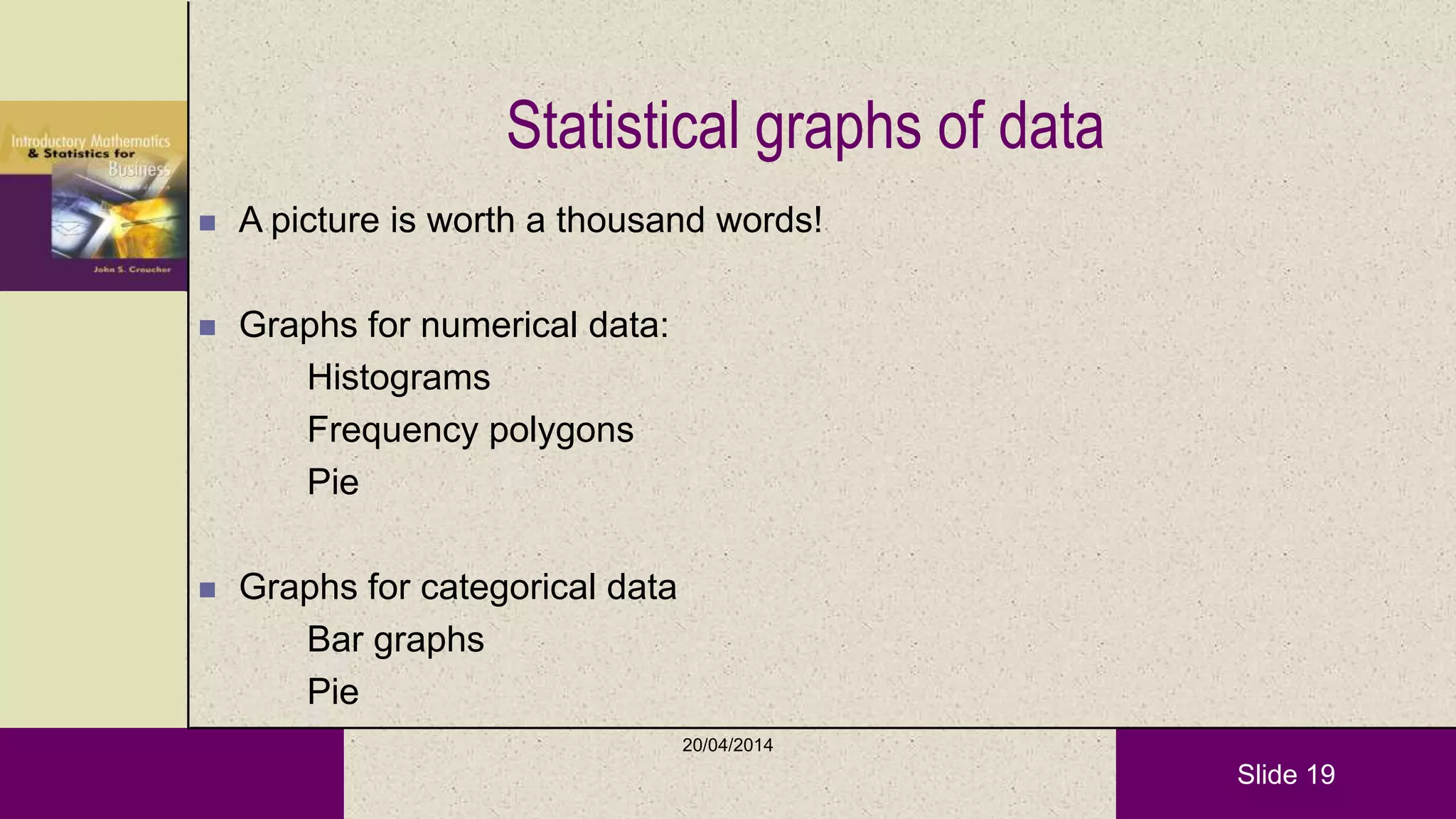 Slide 19
Statistical graphs of data
 A picture is worth a thousand words!
 Graphs for numerical data:
Histograms
Frequency polygons
Pie
 Graphs for categorical data
Bar graphs
Pie
20/04/2014
 