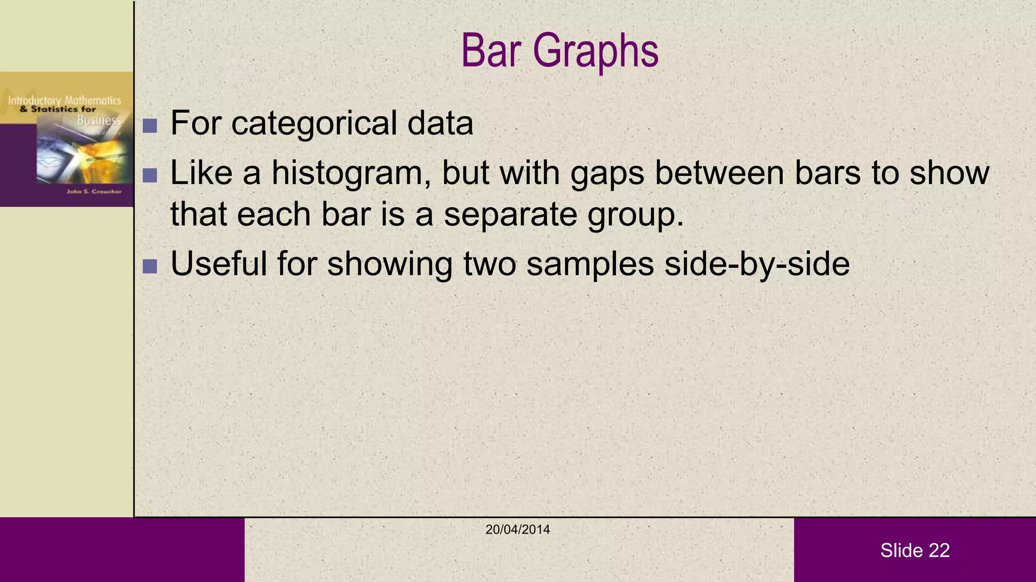 Slide 22
Bar Graphs
 For categorical data
 Like a histogram, but with gaps between bars to show
that each bar is a separate group.
 Useful for showing two samples side-by-side
20/04/2014
 