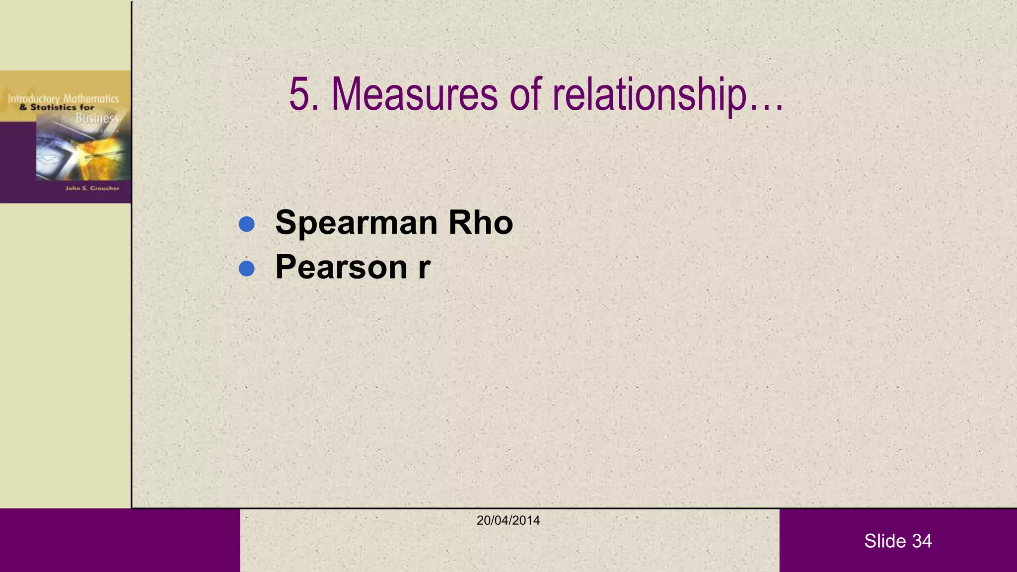 Slide 34
5. Measures of relationship…
 Spearman Rho
 Pearson r
20/04/2014
 