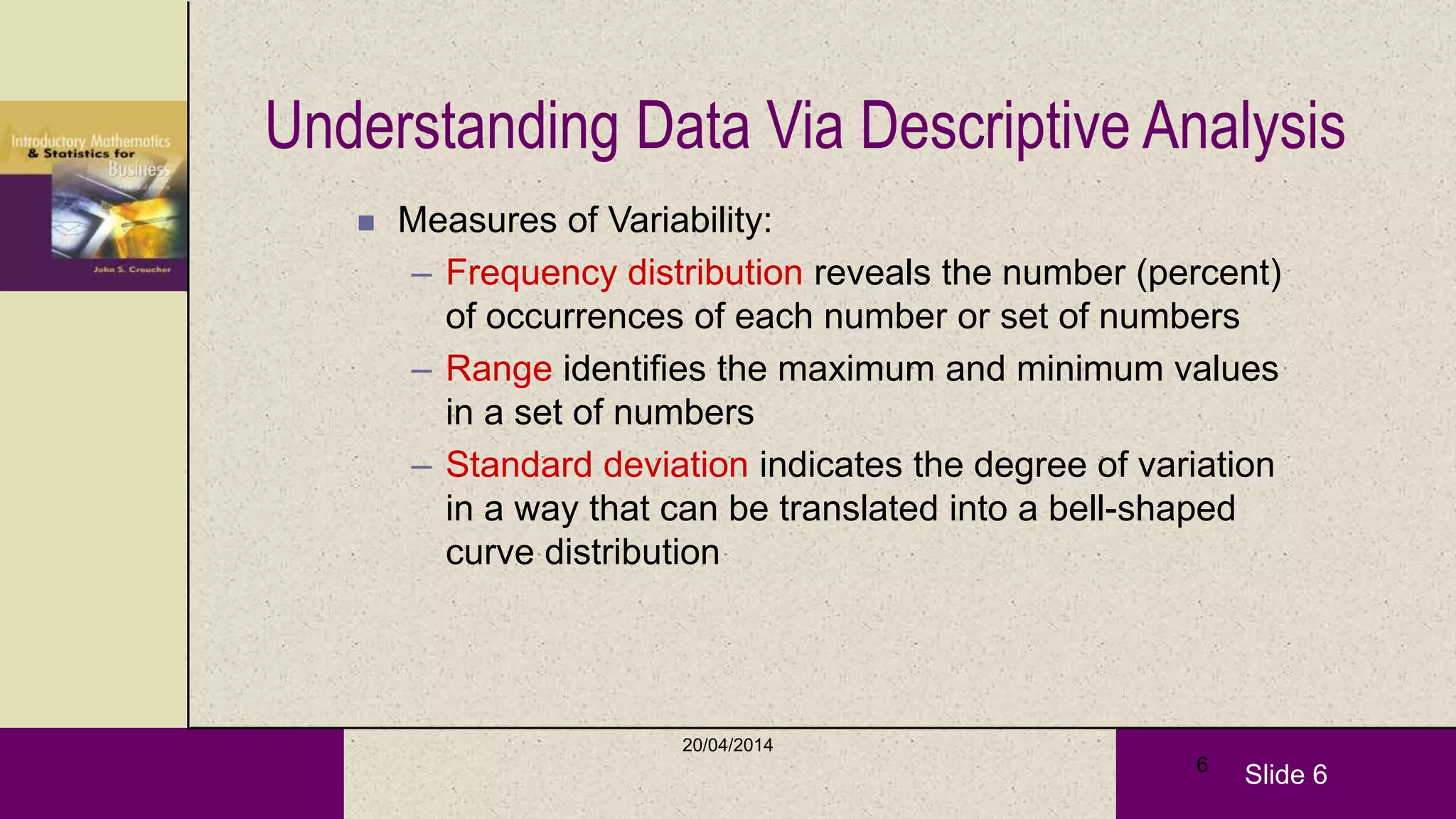 Slide 6
20/04/2014
6
Understanding Data Via Descriptive Analysis
 Measures of Variability:
– Frequency distribution reveals the number (percent)
of occurrences of each number or set of numbers
– Range identifies the maximum and minimum values
in a set of numbers
– Standard deviation indicates the degree of variation
in a way that can be translated into a bell-shaped
curve distribution
 