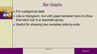Slide 22
Bar Graphs
 For categorical data
 Like a histogram, but with gaps between bars to show
that each bar is a separate group.
 Useful for showing two samples side-by-side
20/04/2014
 