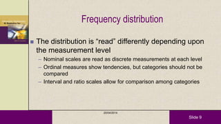 Slide 9
Frequency distribution
 The distribution is ―read‖ differently depending upon
the measurement level
– Nominal scales are read as discrete measurements at each level
– Ordinal measures show tendencies, but categories should not be
compared
– Interval and ratio scales allow for comparison among categories
20/04/2014
 