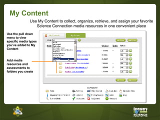 My Content Use My Content to collect, organize, retrieve, and assign your favorite Science Connection media resources in one convenient place Add media resources and assessments to folders you create Use the pull down menu to view specific media types you’ve added to My Content 