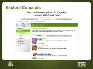 Explore Concepts You can browse media in 3 categories: Interact, Watch and Read 