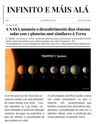 NO.1
A NASA convocou unha rolda de prensa para comunicar o descubrimento
deste sistema estelar que orbita arredor do astro Trappist-1. Os
investigadores e investigadoras admiten que é un descubrimento abraiante.
ÚLTIMA HORA
A NASA anuncia o descubrimento dun sistema
solar con 7 planetas moi similares á Terra
22. FEBREIRO. 2017
INFINITO E MÁIS ALÁ
A só 40 anos luz da Terra hai un
sistema estelar con sete planetas
de masa similar á do noso. Tres
dos planetas (e, f, g) están na
área habitable e poderían albergar
océanos de auga na superficie, o
que fai medrar a posibilidade de
que puidera ter vida.
A comunidade científica acolle a nova
con moito entusiasmo xa que o
sistema ten características que
facilitan o estudo das atmosferas dos
planetas, a posibilidade de vida, etc. e
admiten abraio ante a similitude dos
novos planetas co planeta Terra.
www.afiestradamestra.gal
 