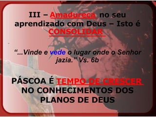 III –  _________  no seu aprendizado com Deus – Isto é  ___________   “ ...Vinde e  vede  o lugar onde o Senhor jazia.” Vs. 6b   PÁSCOA É  ________________  NO CONHECIMENTOS DOS PLANOS DE DEUS Amadureça CONSOLIDAR TEMPO DE CRESCER 
