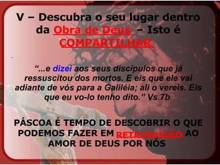 V – Descubra o seu lugar dentro da  ___________  – Isto é  _____________   “ ...e  dizei  aos seus discípulos que já ressuscitou dos mortos. E eis que ele vai adiante de vós para a Galiléia; ali o vereis. Eis que eu vo-lo tenho dito.” Vs 7b    PÁSCOA É TEMPO DE DESCOBRIR O QUE PODEMOS FAZER EM  ___________  AO AMOR DE DEUS POR NÓS  Obra de Deus COMPARTILHAR RETRIBUIÇÃO 