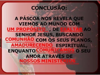 CONCLUSÃO: A PÁSCOA NOS REVELA QUE VIEMOS AO MUNDO COM  _____________  , DE  _______  AO SENHOR JESUS, BUSCANDO  _________  COM OS SEUS PLANOS,  ______________  ESPIRITUAL, ENQUANTO  ____________  O SEU AMOR ATRAVÉS DE  ___________________ UM PROPÓSITO EXALTAR COMUNHÃO AMADURECENDO COMUNICAMOS NOSSOS MINISTÉRIOS 