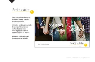 Uma das primeira marcas
do país a pregar o amor
sem preconceito.
Iniciativa rendeu enxurrada
de compartilhamentos
no Facebook e uma
nova legião de clientes
e admiradores da marca.
Aumento e sustentação
do patamar de vendas.
FUEGO COMUNICAÇÃO CRIATIVA
 