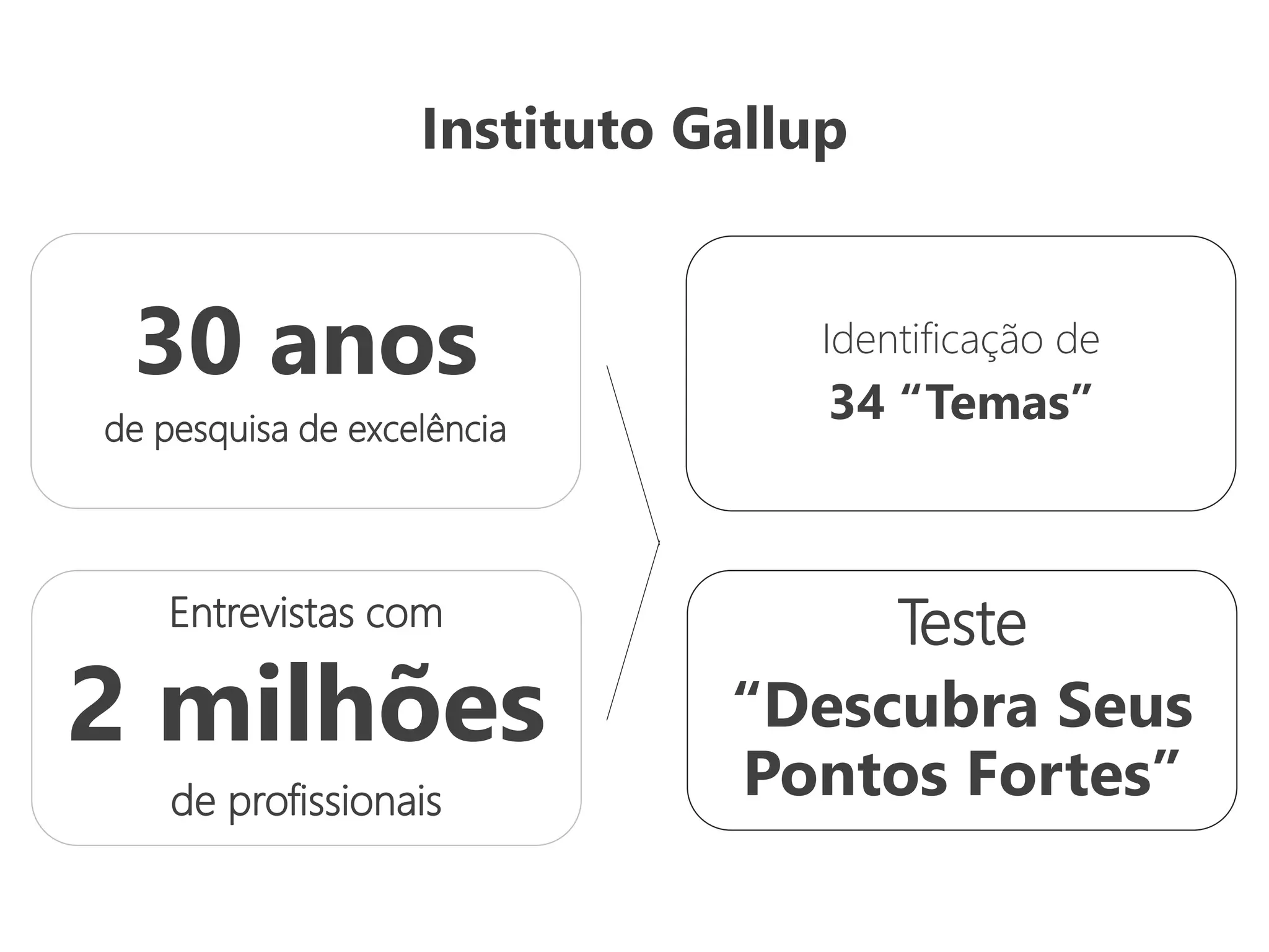 Instituto Gallup
30 anos
de pesquisa de excelência
Identificação de
34 “Temas”
Entrevistas com
2 milhões
de profissionais
Teste
“Descubra Seus
Pontos Fortes”
 