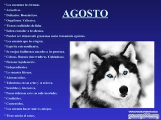 AGOSTO ° Les encantan las bromas.  ° Atractivos.  ° Delicados. Románticos.  ° Orgullosos. Valientes.  ° Tienen cualidades de líder.  ° Saben consolar a los demás.  ° Pueden ser demasiado generosos como demasiado egoístas.  ° Les encanta que los elogien.  ° Espíritu extraordinario.  ° Se enojan fácilmente cuando se les provoca.  ° Celosos. Buenos observadores. Cuidadosos.  ° Piensan rápidamente.  ° Independientes.  ° Le encanta liderar.  ° Adoran soñar.  ° Talentosos en las artes y la música.  ° Sensibles y tolerantes.  ° Pocas defensas ante las enfermedades.  ° Confiables.  ° Consentidos.  ° Les encanta hacer nuevos amigos.  ° Tiene miedo al amor.   