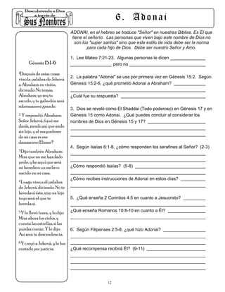 6. Adonai
                                 ADONAI, en el hebreo se traduce "Señor" en nuestras Biblias. Es Él que
                                  tiene el señorío. Las personas que viven bajo este nombre de Dios no
                                   son los "super santos" sino que este estilo de vida debe ser la norma
                                          para cada hijo de Dios. Debe ser nuestro Señor y Amo.

                                 1. Lee Mateo 7:21-23. Algunas personas le dicen
      Génesis 15:1-6                                 pero no
1.Después de estas cosas
                                 2. La palabra "Adonai" se usa por primera vez en Génesis 15:2. Según
vino la palabra de Jehová
a Abraham en visión,             Génesis 15:2-6, ¿qué prometió Adonai a Abraham?
diciendo: No temas,
Abraham; yo soy tu               ¿Cuál fue su respuesta?
escudo, y tu galardón será
sobremanera grande.
                                 3. Dios se reveló como El Shaddai (Todo poderoso) en Génesis 17 y en
2. Y respondió Abraham:          Génesis 15 como Adonai. ¿Qué puedes concluir al considerar los
Señor Jehová, ¿qué me            nombres de Dios en Génesis 15 y 17?
darás, siendo así que ando
sin hijo, y el mayordomo
de mi casa es ese
damasceno Eliezer?
                                 4. Según Isaías 6:1-8, ¿cómo responden los serafines al Señor? (2-3)
3.Dijo también Abraham:

Mira que no me has dado
prole, y he aquí que será
mi heredero un esclavo           ¿Cómo respondió Isaías? (5-8)
nacido en mi casa.
4.Luego vino a él palabra
                                 ¿Cómo recibes instrucciones de Adonai en estos días?
de Jehová, diciendo: No te
heredará éste, sino un hijo
tuyo será el que te              5. ¿Qué enseña 2 Corintios 4:5 en cuanto a Jesucristo?
heredará.
5.Y lo llevó fuera, y le dijo:   ¿Qué enseña Romanos 10:8-10 en cuanto a Él?
Mira ahora los cielos, y
cuenta las estrellas, si las
puedes contar. Y le dijo:        6. Según Filipenses 2:5-8, ¿qué hizo Adonai?
Así será tu descendencia.
6.Y creyó a Jehová, y le fue

contado por justicia.            ¿Qué recompensa recibirá Él? (9-11)




                                                   12
 