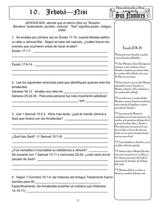 1 0 . Jehová—Nisi
       JEHOVÁ-NISI, denota que el eterno Dios es “Nuestra
Bandera” (estandarte, pendón, victoria). "Nisi" significa poder, milagro,
                               brillar.

1. Se emplea por primera vez en Éxodo 17:15, cuando Moisés edificó
un altar a Jehová-Nisi. Según el resto del capítulo, ¿cuáles fueron los
eventos que ocurrieron antes de hacer el altar?
                                                                                    Éxodo 17:8-15.
Éxodo 17:1-7.
                                                                            8.Entonces vino Amalec y peleó

                                                                            contra Israel en Refidim.
                                                                            9.Y dijo Moisés a Josué: Escógenos
Éxodo 17:8-14.
                                                                            varones, y sal a pelear contra
                                                                            Amalec; mañana yo estaré sobre
                                                                            la cumbre del collado, y la vara
                                                                            de Dios en mi mano.
                                                                            10.E hizo Josué como le dijo Moisés,
2. Lee los siguientes versículos para que identifiques quienes eran los
                                                                            peleando contra Amalec; y
amalecitas.
                                                                            Moisés y Aarón y Hur subieron a
Génesis 36:12. Amalec era nieto de                                          la cumbre del collado.
Génesis 25:24-34. Para esta persona fue más importante satisfacer           11.Y sucedía que cuando alzaba
                                                  que                       Moisés su mano, Israel prevalecía;
                                                                            mas cuando él bajaba su mano,
                                                                            prevalecía Amalec.
                                                                            12.Y las manos de Moisés se
3. Lee 1 Samuel 15:2-3. Años mas tarde, ¿qué le mandó Jehová a
                                                                            cansaban; por lo que tomaron una
Saúl que hiciera con los Amalecitas?                                        piedra, y la pusieron debajo de él,
                                                                            y se sentó sobre ella; y Aarón y
                                                                            Hur sostenían sus manos, el uno
                                                                            de un lado y el otro de otro; así
                                                                            hubo en sus manos firmeza hasta
¿Qué hizo Saúl? (1 Samuel 15:7-9)                                           que se puso el sol.
                                                                            13.Y Josué deshizo a Amalec y a su

                                                                            pueblo a filo de espada.
¿Fué completa o incompleta su obediencia a Jehová?                          14.Y Jehová dijo a Moisés: Escribe

De acuerdo con 1 Samuel 15:11 y versículos 22-26, ¿cuán serio era el        esto para memoria en un libro, y
                                                                            dí a Josué que raeré del todo la
pecado de Saúl?
                                                                            memoria de Amalec de debajo
                                                                            del cielo.
                                                                            15.Y Moisés edificó un altar, y

                                                                            llamó su nombre Jehová-nisi.
4. Según 1 Corintios 10:1-6, las historias del Antiguo Testamento fueron
escritas para (6)
Específicamente, los Amalecitas enseñan al cristiano que (Hebreos
12:16-17)


                                               21
 