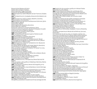 Museo de Arte Moderno de París.
Galería “Arts Contacts” de París
Galería Nacional, Praga y Bratislava.
Exposición de Owsaldo Guayasamín
1974 Retrospectiva, Galería Maxwell, de San Francisco, Estados
Unidos.
1975 “La Edad de la Ira” y Grabados, Museo de Arte Moderno de
México.
1976 Retrospectiva, Galería Colegas, Medellín, Colombia.
Galería Exposur, Cali, Colombia
1977 Retrospectiva, Ministerio de Relaciones Exteriores, Quito.
Galería Bética, Madrid
Galería Altex, Madrid
Galería Ignacio de Lassaletta, Barcelona
Galería Valle Orti, Valencia.
Exposición colectiva en la Galería Altamira, Quito.
Casa de la Cultura Ecuatoriana, Nucleo de Guayaquil, Ecuador.
Instituto de Cultura Hispánica, Madrid.
Centro Cultural La Estancia, Ibarra, Quito.
1978 Centro Español, Quito.
1980 “La Edad de la Ira”, Escuela Superior Politécnica del
Litoral, Guayaquil, Ecuador.
1981 Galería Ignacio Lassaletta, Barcelona.
1982 Exposición Oswaldo Guayasamín
1982 Retrospectiva y obras de “La Edad de la Ira”, Museo
L’Hermitage de Leningrado y en Museos del Vilnius y Moscú.
Museo Nacional La Habana, Cuba.
1983 Retrospectiva y obras de “La Edad de la Ira”, Museos de
Varsovia, Budapest y Sofía.
Mil dibujos Museo del Monte de Piedad, Madrid y Barcelona.
Sesenta obras en la Galería Biosca, de Madrid.
Oleos, acuarelas y gráficas en la Galería “El Puente” en Lima.
Hotel Oro Verde, Guayaquil.
1984 300 dibujos en Managua.
Dibujos en Alicante y Bilbao, España.
Expone como invitado especial, I Bienal de La Habana, Museo
Nacional de Bellas Artes de Cuba.
Sudamericana de Seguros de Medellín, Colombia.
Retrospectiva en el Alten Museum, Berlín.
Galerías de Nova Terra. Bogotá
1985 “La Edad de la Ira” y retrospectiva, Museo Nacional de
Bogotá.
Oleos, acuarelas y obra gráfica en Babahoyo, Machala y Manta
ciudades del Ecuador.
1986 1.000 dibujos en Armenia, Museo de Etnografía y en la
Galería Tretiakov, URSS
1988 Oleos y obra gráfica, Casa de Bastidas en Santo Domingo,
República Dominicana.
1989 1.000 dibujos, en Quito en conmemoración a sus 70 años.
Obra gráfica en el Museo de Arte Maracay, Venezuela.
Obra gráfica de la colección “Orbe Novo Decades” en el Museo
Municipal de Valdepeñas - España.
Obra gráfica “Orbe Novo Decades” en Jijón, España.
Obra gráfica en la Academia de Artes de la Unión Soviética
1990 ObragráficaenSanConrado,RíodeJaneiro.Retrospectivaen
SantiagoyConcepción,Chile.
ObragráficayacuarelasenlaGaleríaSubTerrae,SantiagodeChile.
1991 Exposición de acuarelas y grafica en el Museo Tambo
Quirincho en La Paz, Bolivia.
1992 80 óleos Museo del Palacio de Luxemburgo, París.
Obra y joyas, Galería de Arte Plástica Nueva San Francisco,
Santiago de Chile. Retrospectiva, Galería de Arte Moderno de
Santo Domingo, República Dominicana
Obra gráfica en la Galería Nader, de la misma ciudad.
Santiago, Chile
Exposición y subasta de obra gráfica del Maestro Oswaldo
Guayasamín conjuntamente con joyas de Verenice
Guayasamin, Profondos del Comité Comunal de Ayuda a la
Comunidad de Santiago, Salón El Roble Hotel Galerías
1994 Retrospectiva y “Edad de la Ira”, en Viña del Mar, Chile.
Acuarelas y Gráfica, Galería 10, Madrid
Universidad de Extremadura, Cáceres
Hotel Bahía del Duque, Tenerife, España.
Oleos y gráfica en Esmeraldas, Guayaquil, Tulcán y Riobamba,
Ecuador.
100 obras retrospectiva en Museo de las Américas, San Juan,
Puerto Rico.
Con motivo del mes de las artes, es invitado a realizar una
exposición retrospectiva en el Museo Alberto Mena Caamaño
con el patrocinio de la Municipalidad del Distrito de Quito.
Exposición de joyas conjunta con Verenice Guayasamín
“Museo Colonial de San Francisco” de Santiago de Chile, por el
IX Aniversario de la empresa Publiguías.
Retrospectiva de 100 obras en el Museo de Arte y Diseño
Contemporáneo de San José, Costa Rica.
Museo de las Américas, Cuartel de Ballaja, San Juan, Puerto Rico
Galería Espalter, Madrid
Galería Lassaletta, Barcelona
1995 Galería Puchol, Valencia, España
Caja de Salamanca , Salamanca- España
Fundación Paiz, Antigua Guatemala
Exposición en San Salvador-El Salvador
Centro San Jorge, Cáceres-España.
Instituto Latino Americano, Roma, Italia.
Palacio de la Información, Milán
1996 Realización del Concierto “Todas las Voces Todas” en
beneficio del proyecto La Capilla del Hombre
1997 Palacio de La Merced, organizada por la Diputación de
Córdoba, España.
Diputación de Alicante, España.
Museo de Bellas Artes “Laureano Brizuela” exposición de gráfica
en Catamarca, Argentina.
Museo de General Roca, Río Negro - Argentina
Museo de la Nación en Lima-Perú, titulada “De la Ira a la Ternura”
Museo de Arte Contemporáneo en Cuenca - Ecuador
Realización de la Primera Bienal de Música Ecuatoriana
Inauguración del Museo del hombre Hondureño, Tegucigalpa
-Honduras.
1998 Convenio Andrés Bello en Bogotá Colombia
Galería Espalter en Madrid
Universidad SEK en Segovia
Centro Pedagógico y Cultural “Simón I. Patiño”
en Cochabamba - Bolivia.
1999 Galería Arte e Industria, Buenos Aires Argentina
 