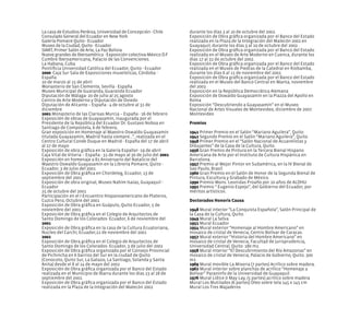 La casa de Estudios Penkisa, Universidad de Concepción - Chile
Consulado General del Ecuador en New York
Galería Pomaire Quito - Ecuador
Museo de la Ciudad, Quito - Ecuador
SIART, Primer Salón de Arte, La Paz Bolivia
Nueve grandes de Iberoamérica - Exposición colectiva México D.F
Cumbre Iberoamericana, Palacio de las Convenciones.
La Habana, Cuba
Pontificia Universidad Católica del Ecuador, Quito - Ecuador
2000 Caja Sur Sala de Exposiciones museísticas, Córdoba -
España
10 de marzo al 15 de abril
Monasterio de San Clemente, Sevilla - España
Museo Municipal de Guaranda, Guaranda Ecuador
Diputación de Málaga- 20 de julio al 25 agosto
Centro de Arte Moderno y Diputación de Oviedo
Diputación de Alicante – España - 4 de octubre al 31 de
diciembre
2001 Monasterio de las Clarisas Murcia – España - 16 de febrero
Exposición de obras de Guayasamín, inaugurada por el
Presidente de la República del Ecuador Dr. Gustavo Noboa en
Santiago de Compostela, 6 de febrero,
Gran exposición en Homenaje al Maestro Oswaldo Guayasamín
titulada Guayasamín, Madrid hasta siempre...”, realizada en el
Centro Cultural Conde Duque en Madrid - España del 17 de abril
al 27 de mayo
Exposición de obra gráfica en la Galería Espalter -19 de abril
Caja Vital de Vitoria – España - 31 de mayo al 30 de julio del 2001
Exposición en homenaje a 82 Aniversario del Natalicio del
Maestro Oswaldo Guayasamín en la Librería Pomaire, Quito -
Ecuador, 3 de Julio del 2001
Exposición de Obra gráfica en Chordeleg, Ecuador, 13 de
septiembre del 2001
Exposición de obra original, Museo Nahím Isaías, Guayaquil -
Ecuador
25 de octubre del 2001
Participación en el I Encuentro Hispanoamericano de Plateros,
Cuzco Perú, Octubre del 2001
Exposición de Obra gráfica en Guápulo, Quito Ecuador, 5 de
noviembre del 2001
Exposición de Obra gráfica en el Colegio de Arquitectos de
Santo Domingo de los Colorados- Ecuador, 6 de noviembre del
2001
Exposición de Obra gráfica en la casa de la Cultura Ecuatoriana,
Nucleo del Carchi, Ecuador,12 de noviembre del 2001
2002
Exposición de Obra gráfica en el Colegio de Arquitectos de
Santo Domingo de los Colorados- Ecuador, 3 de julio del 2002
Exposición de Obra gráfica organizada por el Consejo Provincial
de Pichincha en 6 barrios del Sur en la ciudad de Quito
(Conocoto, Quito Sur, La Gatazo, La Santiago, Solanda y Santa
Anita) desde el 8 al 14 de mayo del 2002
Exposición de Obra gráfica organizada por el Banco del Estado
realizada en el Municipio de Ibarra durante los días 23 al 28 de
septiembre del 2002.
Exposición de Obra gráfica organizada por el Banco del Estado
realizada en la Plaza de la Integración del Malecón 2002
durante los días 3 al 10 de octubre del 2002.
Exposición de Obra gráfica organizada por el Banco del Estado
realizada en la Plaza de la Integración del Malecón 2002 en
Guayaquil, durante los días 3 al 10 de octubre del 2002.
Exposición de Obra gráfica organizada por el Banco del Estado
realizada en el Museo de Arte Moderno en Cuenca, durante los
días 17 al 31 de octubre del 2002.
Exposición de Obra gráfica organizada por el Banco del Estado
realizada en el Museo de Piedras de la Catedral en Riobamba,
durante los días 6 al 11 de noviembre del 2002.
Exposición de Obra gráfica organizada por el Banco del Estado
realizada en el Museo del Banco Central en Manta, noviembre
del 2002.
Exposición en la República Democrática Alemana
Exposición de Oswaldo Guayasamín en la Piazza del Apollo en
Roma
Exposición “Descubriendo a Guayasamín” en el Museo
Nacional de Artes Visuales de Montevideo, diciembre de 2007.
Montevideo
Premios
1941 Primer Premio en el Salón “Mariano Aguilera”, Quito.
1942 Segundo Premio en el Salón “Mariano Aguilera”, Quito.
1948 Primer Premio en el “Salón Nacional de Acuarelistas y
Dibujantes” de la Casa de la Cultura, Quito.
1956 Gran Premio de Pintura en la Tercera Bienal Hispano
Americana de Arte por el Instituto de Cultura Hispánica en
Barcelona.
1957 Premio al Mejor Pintor en Sudamérica, en la IV Bienal de
Sao Paulo, Brasil.
1960 Gran Premio en el Salón de Honor de la Segunda Bienal de
Pintura, Escultura y Grabado de México.
1990 Premio Mons. Leonidas Proaño por 10 años de ALDHU
1992 Premio “ Eugenio Espejo”, del Gobierno del Ecuador, por
méritos artísticos.
Doctorados Honoris Causa
1948 Mural interior “La Conquista Española”, Salón Principal de
la Casa de la Cultura, Quito.
1949 Mural La Selva
1951 Mural Ecuador
1954 Mural exterior “Homenaje al Hombre Americano” en
mosaico de cristal de Venecia, Centro Bolívar de Caracas.
1957 Mural exterior “Historia del Hombre Americano” en
mosaico de cristal de Venecia, Facultad de Jurisprudencia,
Universidad Central, Quito. 180 m2.
1958 Mural interior “El Descubrimiento del Río Amazonas” en
mosaico de cristal de Venecia, Palacio de Gobierno, Quito. 300
m2.
1969 Mural movible La Miseria (7 partes) Acrílico sobre madera.
1962 Mural interior sobre planchas de acrílico “Homenaje a
Bolívar” Paraninfo de la Universidad de Guayaquil.
1976 Mural Lídice ó May Lay, (5 partes) acrílico sobre madera
Mural Los Mutilados (6 partes) Oleo sobre tela 145 x 145 cm
Mural Los Tres Majaderos
 