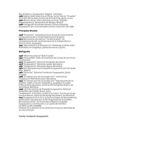 Mural Botero y Guayasamín, Bogotá - Colombia
1980 Realiza sobre planchas acrílicas, mural interior “Ecuador”
en el Hall del Consejo Provincial de Pichincha, Quito. 42 m2.
1982 Mural interior sobre planchas acrílicas “España-
Hispanoamérica” Aeropuerto de Barajas, Madrid.
1986 Entrega del Doctorado Honoris Causa a Oswaldo
Guayasamín por la Universidad Central 23 de enero del 1986.
Principales Murales
1958 “Prometeo”, instalada junto al mural de la Facultad de
Jurisprudencia de la Universidad Central de Quito.
1971 Monumento escultórico “La Patria Joven”, en
conmemoración del 150 Aniversario de la Independencia
Centro Cívico, Guayaquil.
1994 “Monumento a la Resistencia”, Homenaje al héroe indio
Rumiñahui en Sangolquí, población vecina a Quito.
Bibliografía
1996 “Móvil Escultórico” Mall El Jardín
1953 “Huacayñán” Taller de Impresión de la Casa de la Cultura
Ecuatoriana.
1973 “Guayasamín” Ediciones Polígrafa, Barcelona.
1978 “Guayasamín” Ediciones Salvat, Barcelona.
1981 “Guayasamín” Ediciones Nauta, Barcelona.
1981 Arte Iberoamericano Oswaldo Guayasamín por Fernando
Mon. Madrid.
1982 “Discurso”. Editorial Fundación Guayasamín, Quito,
Ecuador.
1988 “El tiempo que me ha tocado vivir”. Instituto de
Cooperación Iberoamericano, Barcelona.
1993 “El tiempo que me ha tocado vivir” Segunda edición en
español, inglés y francés. Poligráfica, Guayaquil, Ecuador.
El Mural de Guayasamín, Editorial DA Verlag Das Andere, de
Nürenberg, Alemania.
1998 Libro de retratos de Oswaldo Guayasamín, Editorial
Poligráfico del Estado, Roma- Italia
“Guayasamín, el hombre, la obra y la crítica”. Escrito por Jorge
Enrique Adoum. Editorial DA Verlag Das Andere, de Alemania.
2001 Guayasamín de la Ira a la Ternura (Siglos de Iberoamérica),
publicación realizada por la OEI (Organización de Estados
Iberioamericanos”, en homenaje al Maestro Oswaldo
Guayasamín y contribución a La Capilla del Hombre.
LA CAPILLA DEL HOMBRE
Símbolo de la defensa de los derechos humanos identidad de
la cultura de paz.
Fuente: Fundación Guayasamín.
 