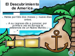 El Descubr imiento
de Amer ica
o Habia pa r t ldo dos meses y nueve dlas
antes.
o A su regreso dlo a conocer por
pr lmer a vez en Europa la
exlstencla de un Nuevo Mundo.·
:;.··
. .. '
.. "
"•..
•
 