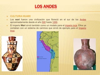 LOS ANDESCULTURA MOCHE (mochica)la cultura moche tuvo un gran desenvolvimiento en la zona de la costa del norte del Perú, en el valle del moche.Esta cultura alcanzó un amplio conocimiento en ingeniería hidráulica.Fueron considerados los mejores ceramistas del Perú antiguo gracias al fino y elaborado trabajo que realizaron en sus cerámicos.El mar ejercitó sobre los mochicas un atractivo especial.CULTURA MOCHEPERÚ