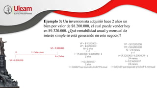 Ejemplo 3: Un inversionista adquirió hace 2 años un
bien por valor de $8.200.000, el cual puede vender hoy
en $9.320.000. ¿Qué rentabilidad anual y mensual de
interés simple se está generando en este negocio?
 