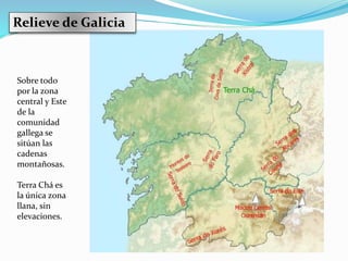 Sobre todo
por la zona
central y Este
de la
comunidad
gallega se
sitúan las
cadenas
montañosas.
Terra Chá es
la única zona
llana, sin
elevaciones.
Relieve de Galicia
 