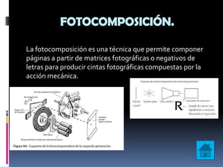 FOTOCOMPOSICIÓN.

La fotocomposición es una técnica que permite componer
páginas a partir de matrices fotográficas o negativos de
letras para producir cintas fotográficas compuestas por la
acción mecánica.
 