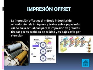 IMPRESIÓN OFFSET

La impresión offset es el método industrial de
reproducción de imágenes y textos sobre papel más
usado en la actualidad para la impresión de grandes
tiradas por su acabado de calidad y su bajo coste por
ejemplar.
 
