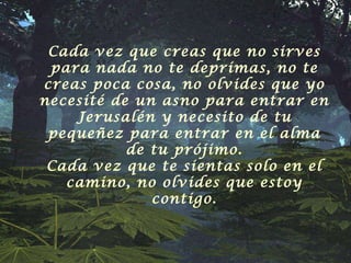 Cada vez que creas que no sirves para nada no te deprimas, no te creas poca cosa, no olvides que yo necesité de un asno para entrar en Jerusalén y necesito de tu pequeñez para entrar en el alma de tu prójimo. Cada vez que te sientas solo en el camino, no olvides que estoy contigo. 