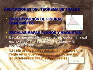 APLICACIONES DEL TEOREMA DE THALESAPLICACIONES DEL TEOREMA DE THALES
 SUPERPOSICIÓN DE FIGURASSUPERPOSICIÓN DE FIGURAS
SEMEJANTES:SEMEJANTES:
 ESCALAS,MAPAS PLANOS Y MAQUETAS:ESCALAS,MAPAS PLANOS Y MAQUETAS:
 Escala númerica:Representacion en forma linealEscala númerica:Representacion en forma lineal
escribiendo la relación entre el plano y laescribiendo la relación entre el plano y la
realidad.1:1000realidad.1:1000
 Escala gráfica:se representa mediante unaEscala gráfica:se representa mediante una
regla en la que se indican las distanciasregla en la que se indican las distancias
equivalentes a las medidas realesequivalentes a las medidas reales..
 