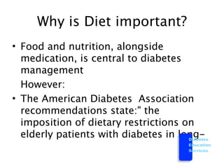 Why is Diet important?
• Food and nutrition, alongside
  medication, is central to diabetes
  management

 However:
• The American Diabetes Association
  recommendations state:" the
  imposition of dietary restrictions on
  elderly patients with diabetes in long-
                                      Diabetes
                                         Education
                                         Services
 