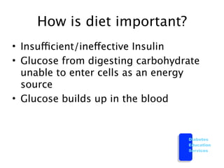 How is diet important?
• Insufficient/ineffective Insulin
• Glucose from digesting carbohydrate
  unable to enter cells as an energy
  source
• Glucose builds up in the blood


                                  Diabetes
                                  Education
                                  Services
 