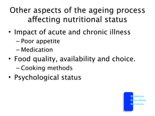 Other aspects of the ageing process
    affecting nutritional status
• Impact of acute and chronic illness
  – Poor appetite
  – Medication
• Food quality, availability and choice.
  – Cooking methods
• Psychological status

                                      Diabetes
                                      Education
                                      Services
 