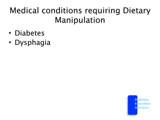 Medical conditions requiring Dietary
           Manipulation
• Diabetes
• Dysphagia




                               Diabetes
                               Education
                               Services
 