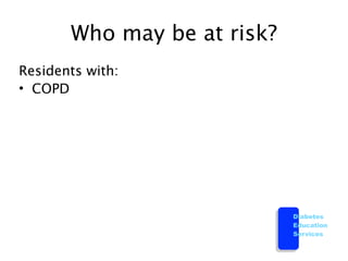 Who may be at risk?
Residents with:
• COPD




                             Diabetes
                             Education
                             Services
 