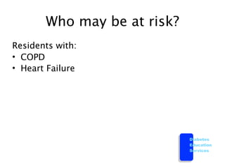 Who may be at risk?
Residents with:
• COPD
• Heart Failure




                             Diabetes
                             Education
                             Services
 